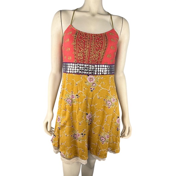 Free People Vintage Y2K Yellow Multi-Color Floral Beaded Mini Dress Juniors  10